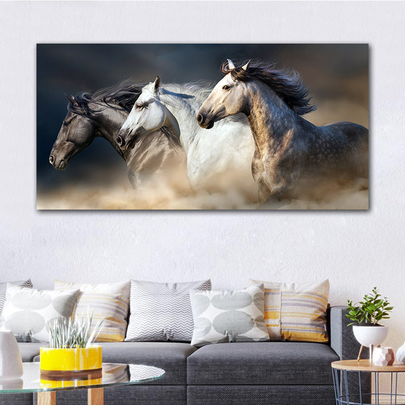 Decorative painting of three horses galloping