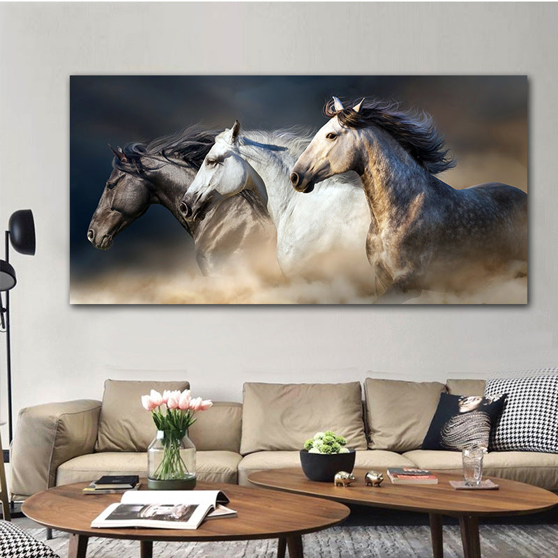 Decorative painting of three horses galloping