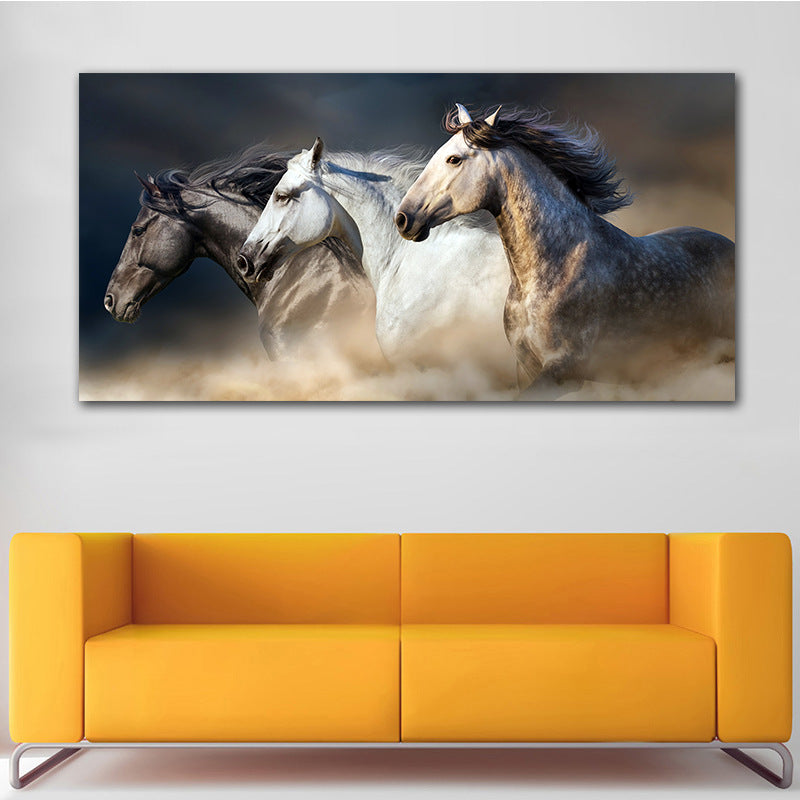 Decorative painting of three horses galloping